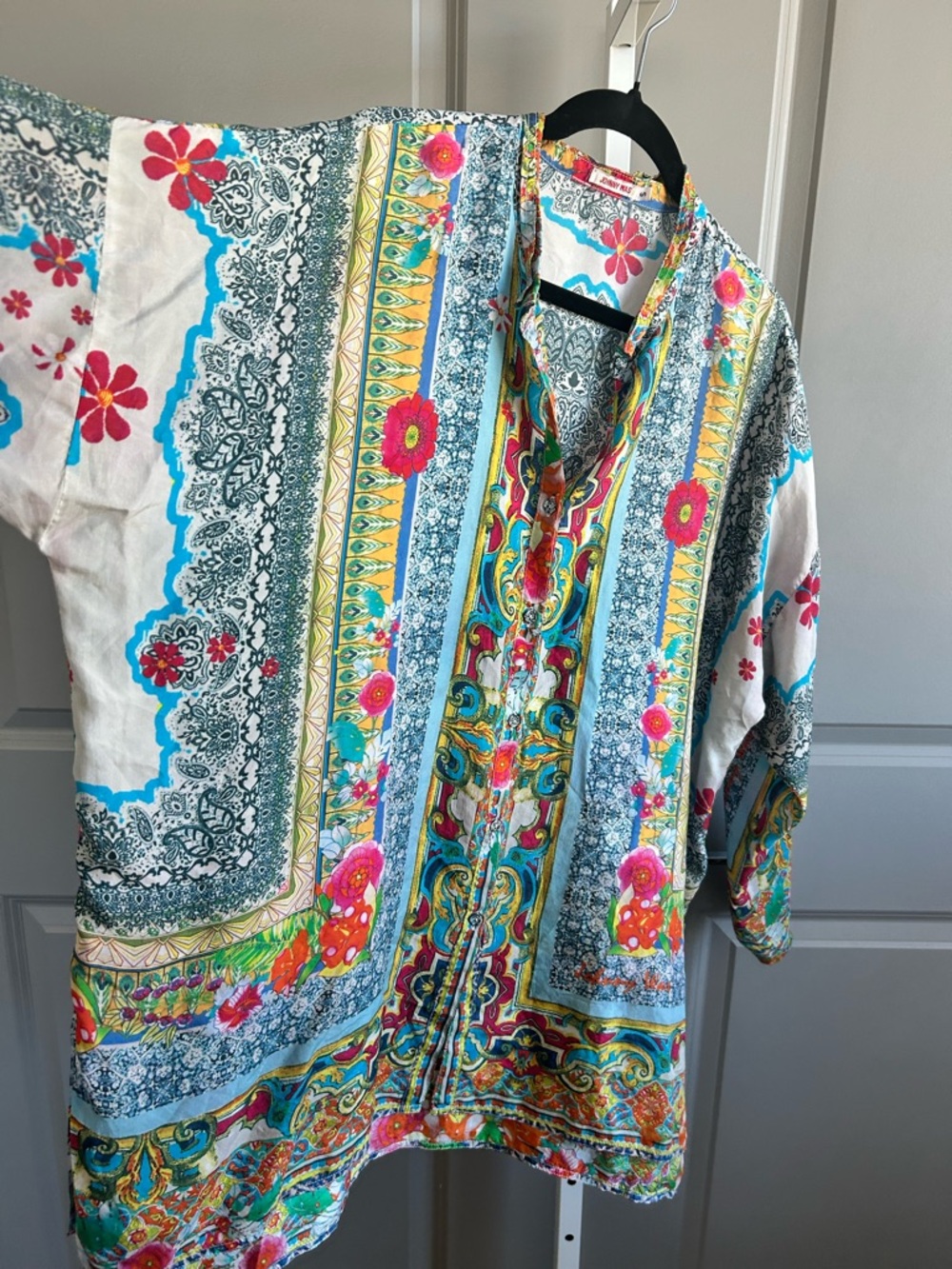 Johnny Was Silk Boho Tunic Blouse Oversized Floral Print Size S coastal boho #78 - Picture 4 of 10